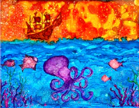 an octopus and a ship in the ocean