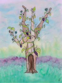 a painting of a woman standing on a tree