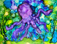 a watercolor painting of an octopus in the ocean