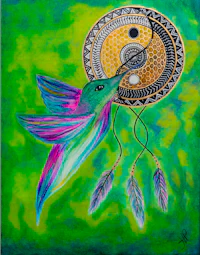 a painting of a hummingbird with feathers and a dream catcher