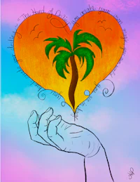 a hand holding a palm tree in the shape of a heart