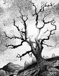 a black and white drawing of a tree on a hill
