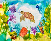 a watercolor painting of a turtle in the ocean