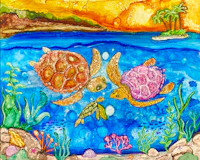 a watercolor painting of two turtles swimming in the ocean