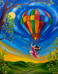 a painting of a woman flying in a hot air balloon